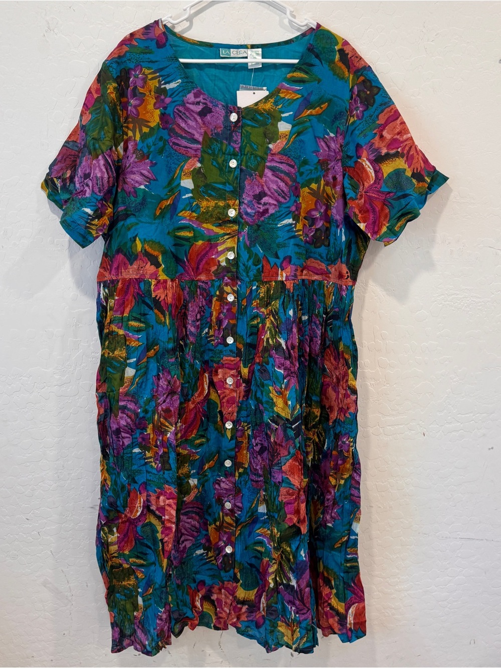 NWT La Cera Floral Maxi Dress with Buttons Womens 2XL Crinkled Cotton
